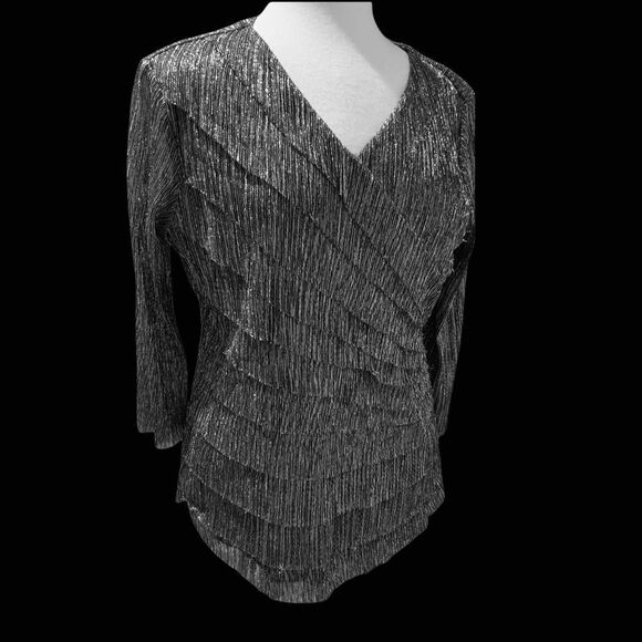 Christopher & Banks Silver Metallic Layers Long Sleeve V-Neck Top Size Large - Picture 5 of 9
